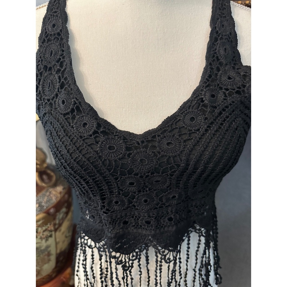 Black Crochet Lace Fringe Boho Crop Top V-Neck Festival Tank Medium